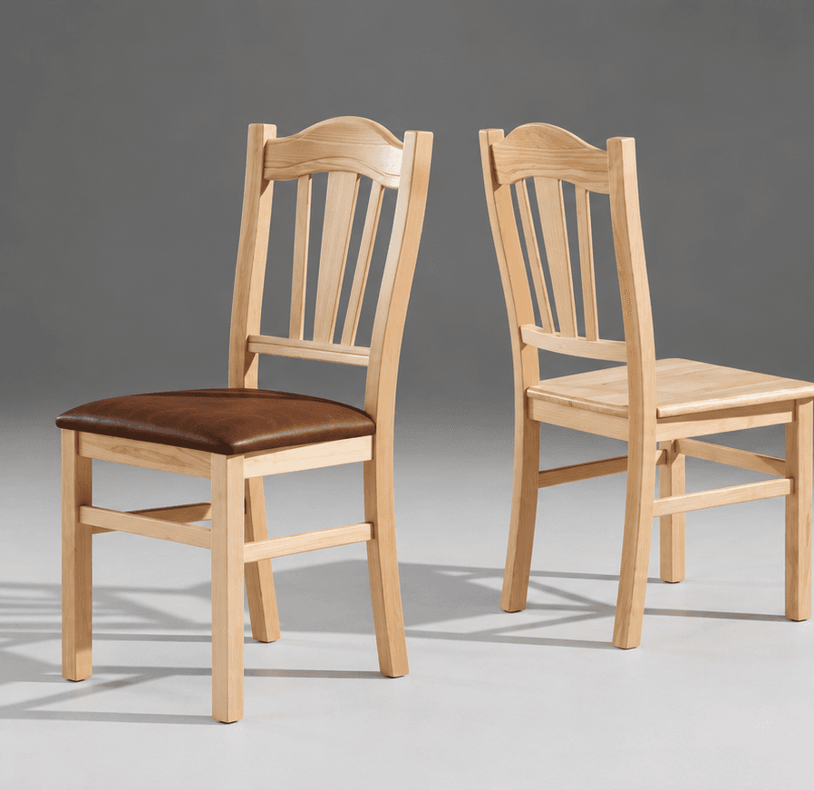 Two Silvana dining chairs in natural wood, one with a brown upholstered seat and one with a wooden seat, studio shot