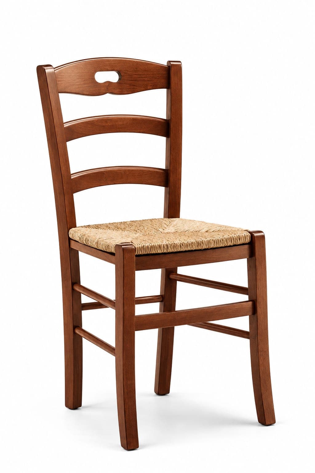 Venezia Savoy dining chair in warm-toned solid wood with a curved ladder-back and a natural woven straw seat, studio shot on a white background