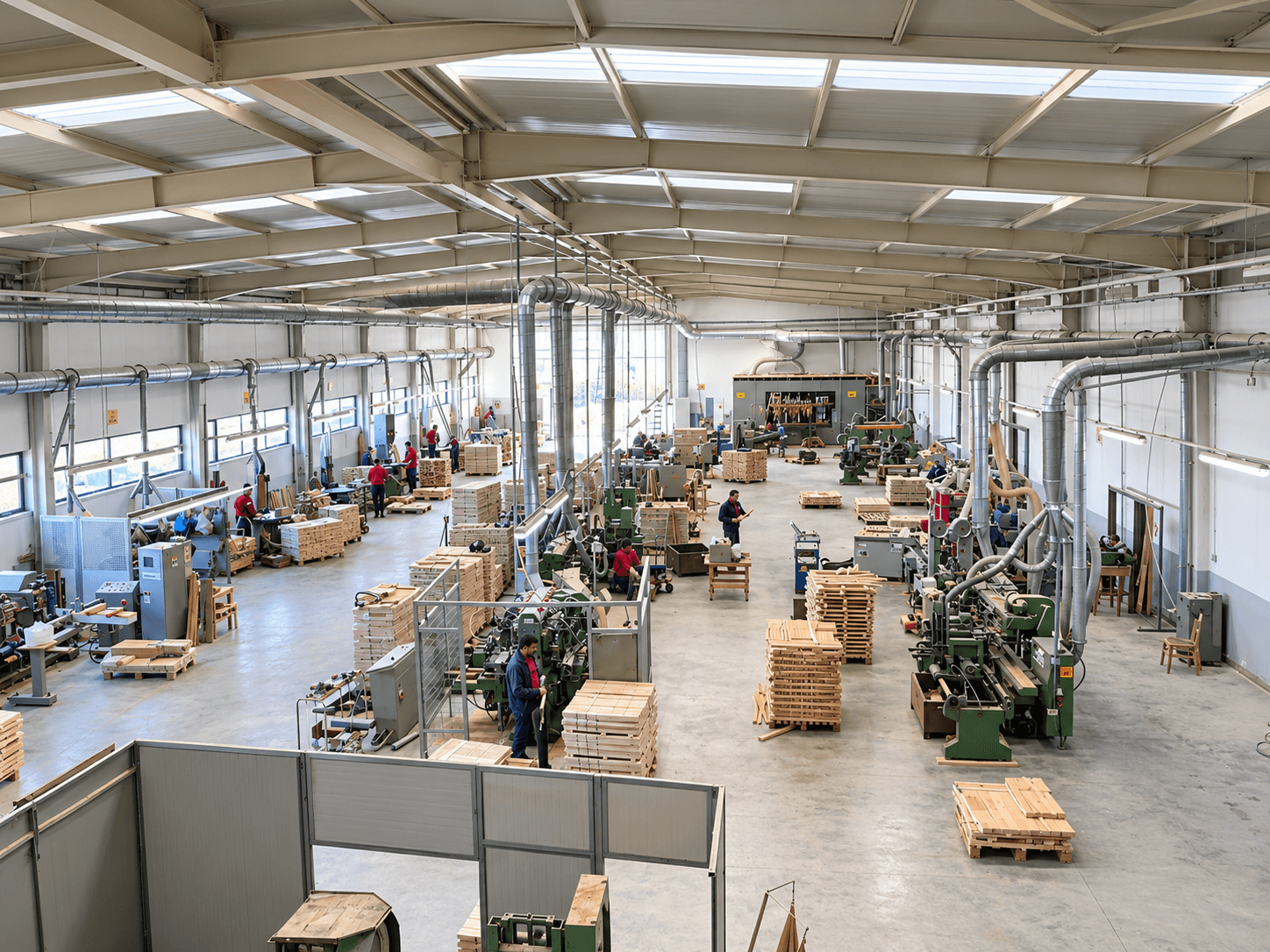 Wide view of the Edi Sedia workshop floor, makers working among woodworking machinery and stacked chair frame parts