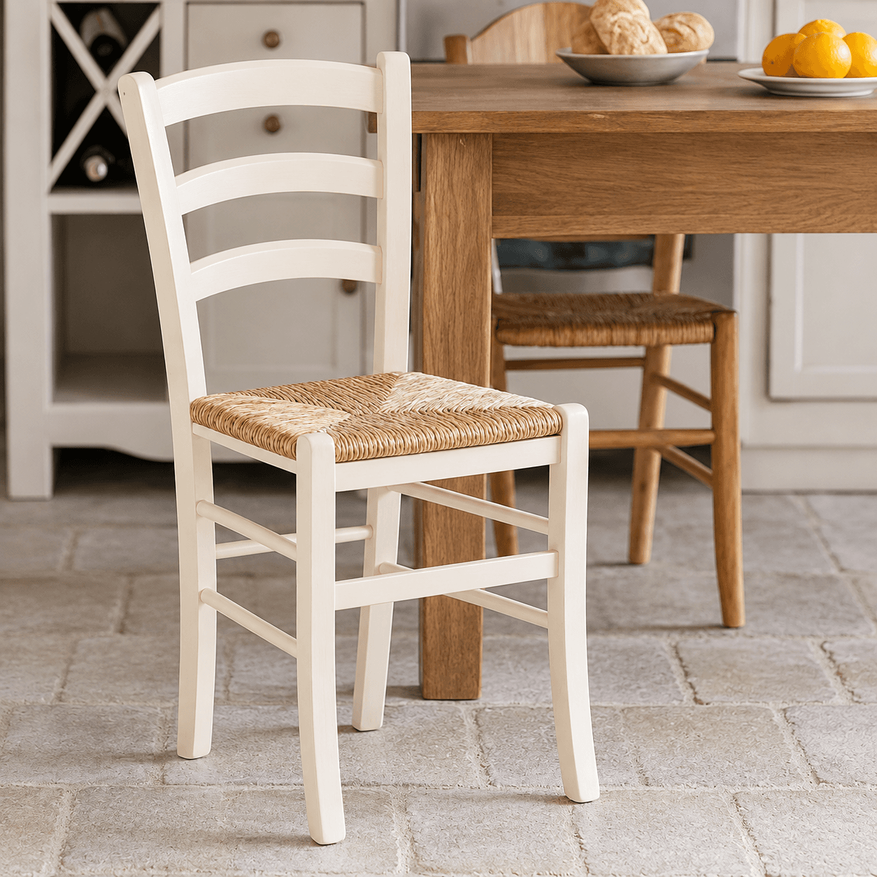 Venezia dining chair in ivory-painted beech with a woven straw seat, beside a wooden dining table
