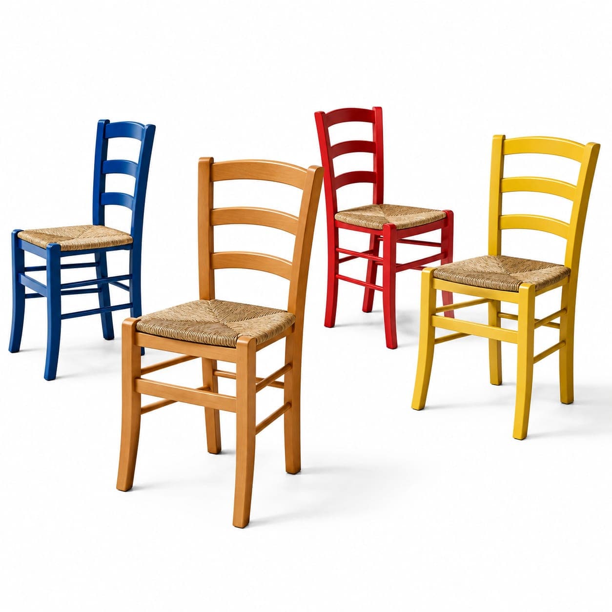 Four Venezia dining chairs in blue, natural wood, red and yellow painted finishes, arranged together on a white background